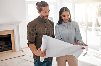 Buy stock photo Architecture, collaboration and couple with blueprint at construction site for planning. Document, architects and happy man and woman with design for engineering teamwork, building plan and reading.