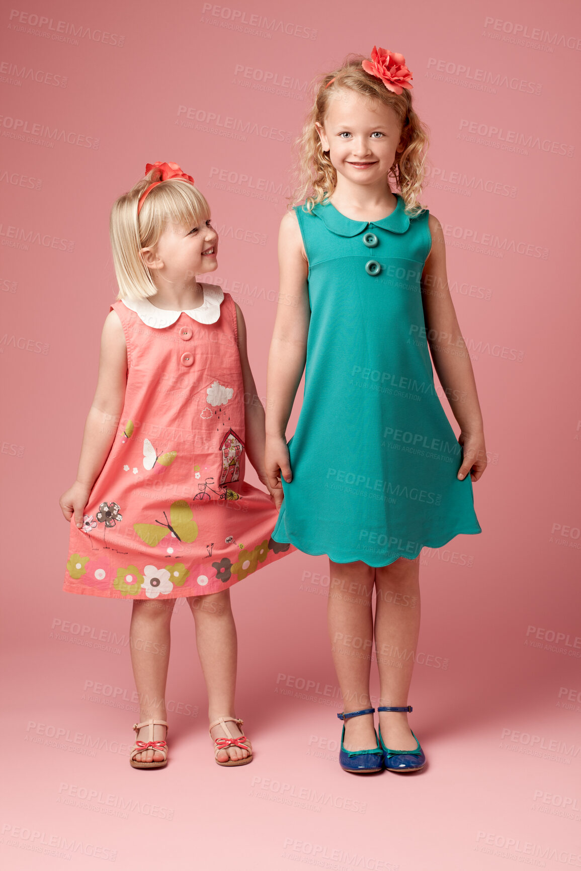 Buy stock photo Portrait, studio background and siblings for fashion with vintage clothes, young girls and development. Family, pink backdrop and retro with dress for children, style inspiration and love together