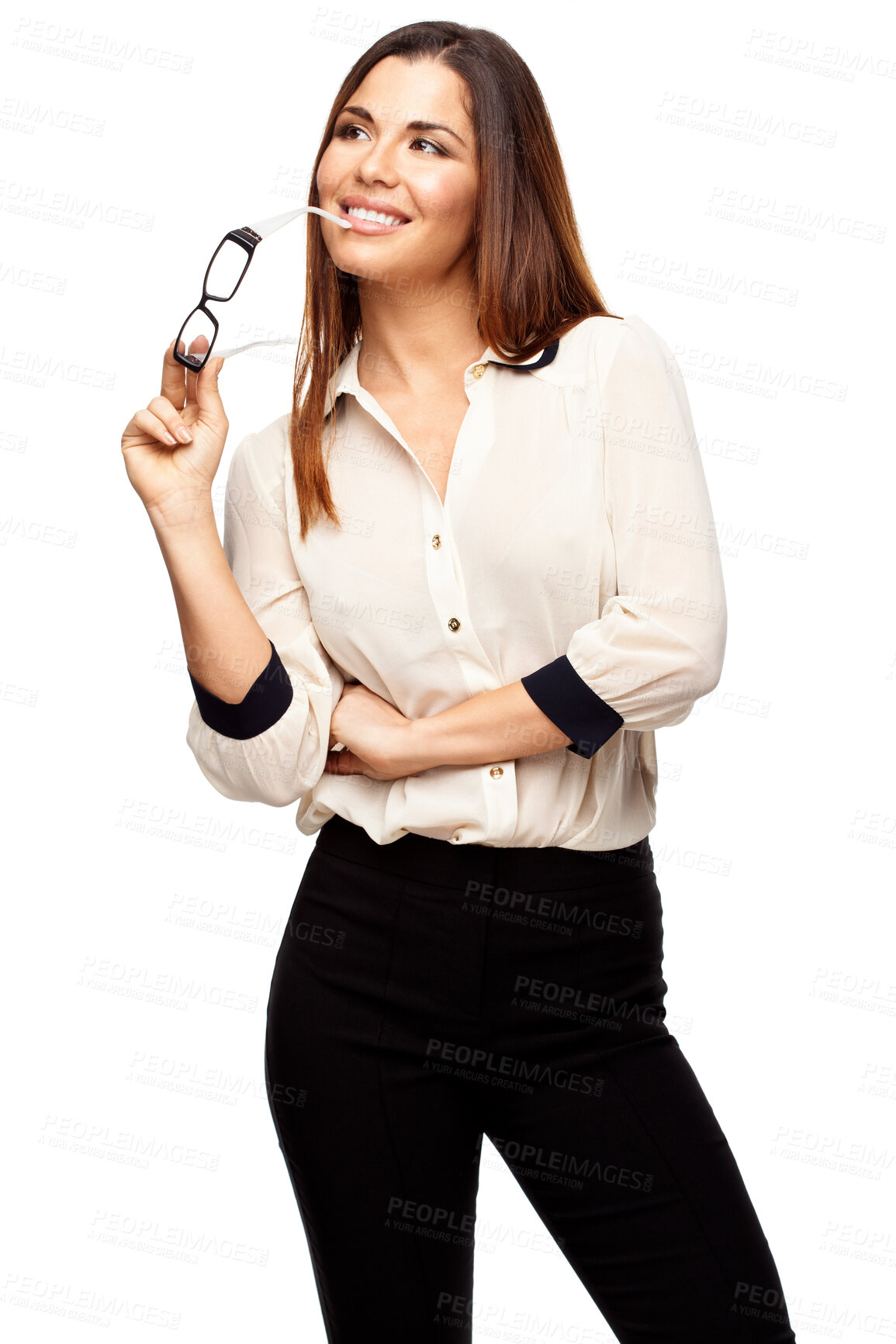 Buy stock photo Shot of a young businesswoman posing against a studio background