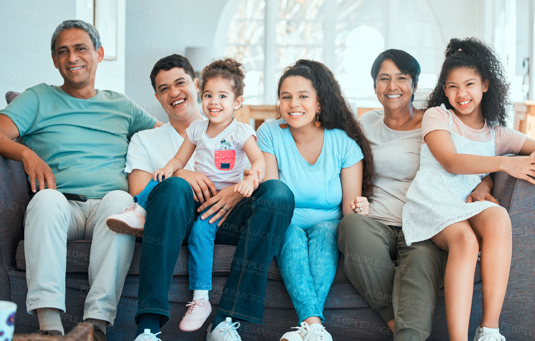 Buy stock photo Happy, couch and portrait of big family to relax in lounge, house or home with smile, pride or care together. Grandparents, mom and dad with children siblings on sofa for bonding, support and love