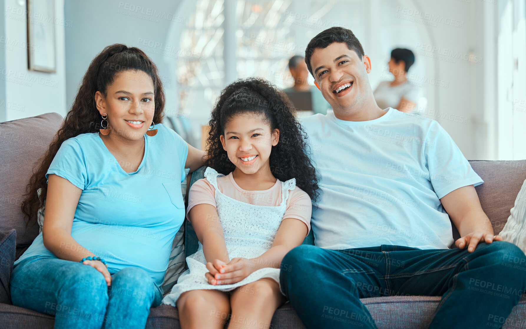 Buy stock photo Trust, couch and portrait of happy family to relax in lounge, house or home with smile, support and care together. Proud parents, mom and dad with girl child on sofa for bonding, wellness and love