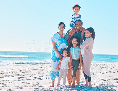 Buy stock photo Grandparents, mother and portrait of kids at beach for relax, piggyback or mockup space. Happy family, generations and people at sea for holiday, summer or travel on tropical island vacation together