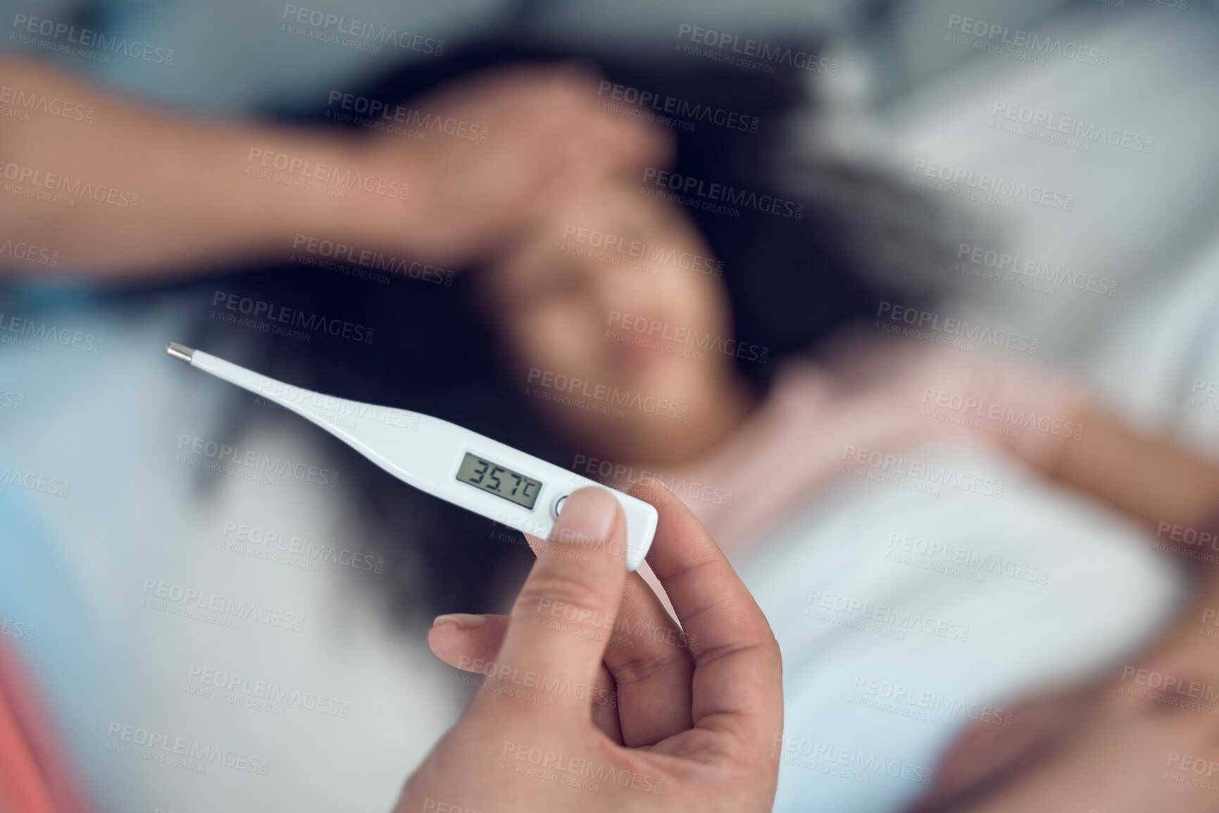 Buy stock photo Parents, child and thermometer for symptoms of fever, cold or virus in bedroom with worry, concern or care. Father, daughter and sick in home with temperature, check and wellness for medical advice