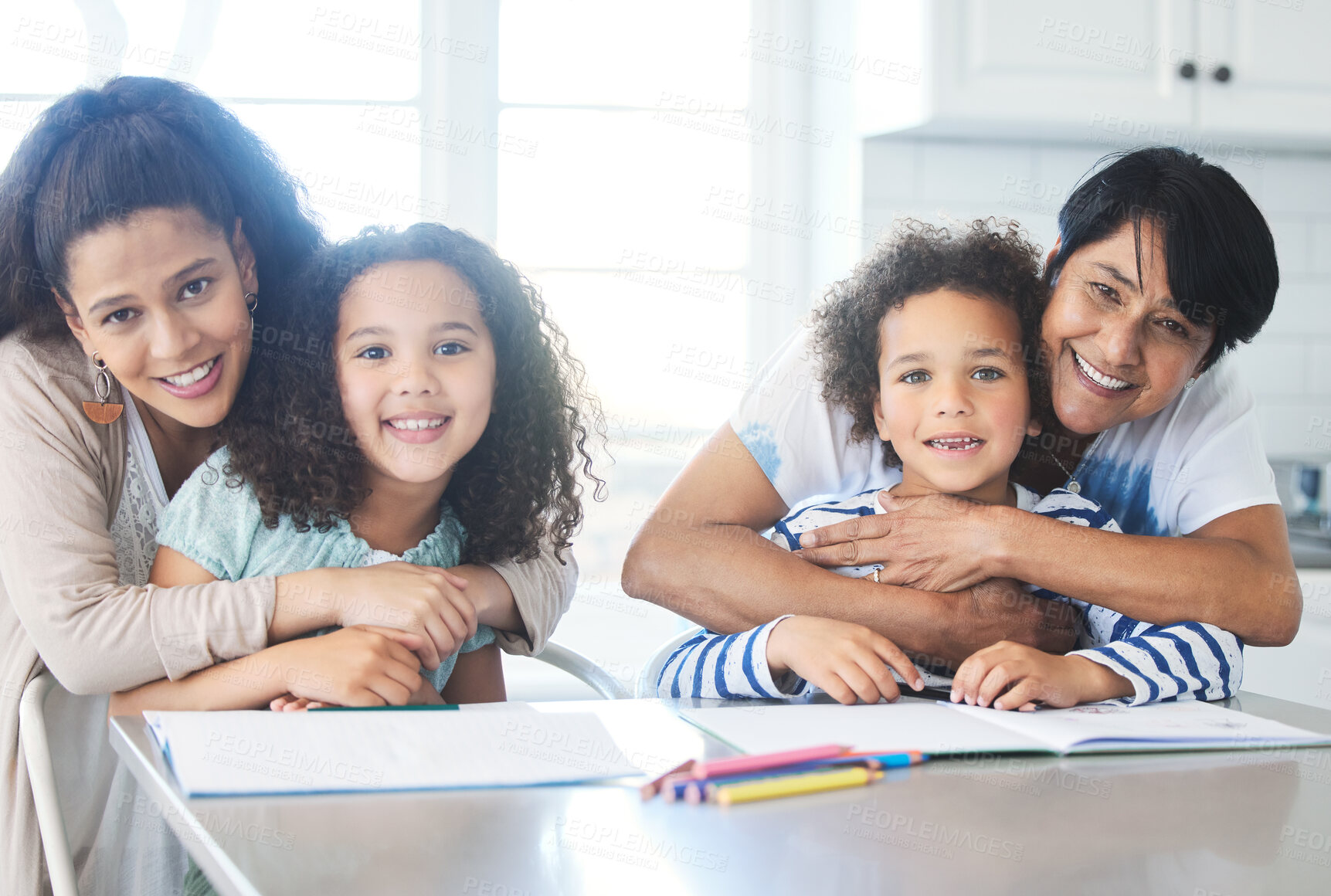 Buy stock photo Family, children and portrait with homework in home for learning development, support or bonding. Happy people, mother and grandmother with kids at kitchen table for studying, teaching or homeschool
