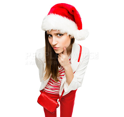 Buy stock photo Christmas, hat and woman thinking in studio for holiday, presents and festive season sale. Female person, portrait and fashion with casual style by white background with idea for event or gift