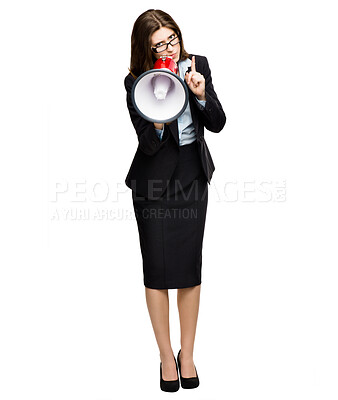 Buy stock photo Portrait, business and woman in studio with megaphone for announcement, angry opinion and wrong decision. Bullhorn, corporate and annoyed girl for news notification and loud voice by white background