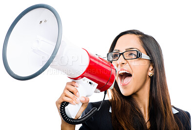 Buy stock photo Business, girl and megaphone in studio for announcement, motivation speech and corporate message for promotion. Woman, isolated and white background for shouting, voice and bullhorn for communication