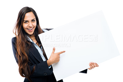 Buy stock photo Business, girl and portrait in studio with poster for information, advertising and communication for promotion. Woman, mock up and billboard on white background for brand, logo and corporate news