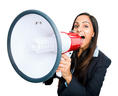 Buy stock photo Happy, woman and portrait with megaphone in studio for announcement, communication and attention. Politics, campaign and person with broadcast for elections, information and news on white background