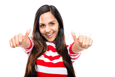 Buy stock photo Happy woman, portrait and thumbs up with success for winning, vote or good news on a white studio background. Young female person with fun smile, like emoji or yes sign for OK, approval or review