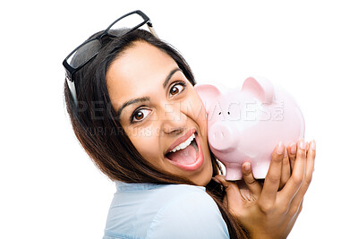 Buy stock photo Portrait, excited or woman with piggy bank for budget, finance or investment isolated on white studio background. Face, happy person or money box for saving, income or cash container of future wealth