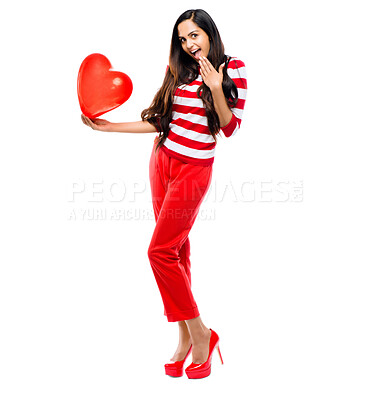 Buy stock photo Happy woman, portrait and surprise with heart shape balloon for valentines day on a white studio background. Excited female person, young cupid or smile with red emoji in love, romance or anniversary