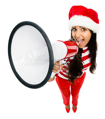 Buy stock photo Megaphone, woman and announcement for shout, sale and promotion or deal on white background. Information, bullhorn and loud for speaker voice, female person, microphone and studio for attention