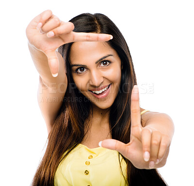 Buy stock photo Woman, hand and frame in portrait with sign for photo with fun isolated on white background with face. Fashion, influencer or emoji fingers for social media for selfie, smile or photography in studio