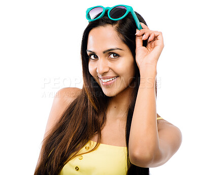 Buy stock photo Smile, fashion and woman with sunglasses in studio with casual, trendy and summer outfit. Happy, portrait and female person with cool style for dress and accessory isolated by white background.