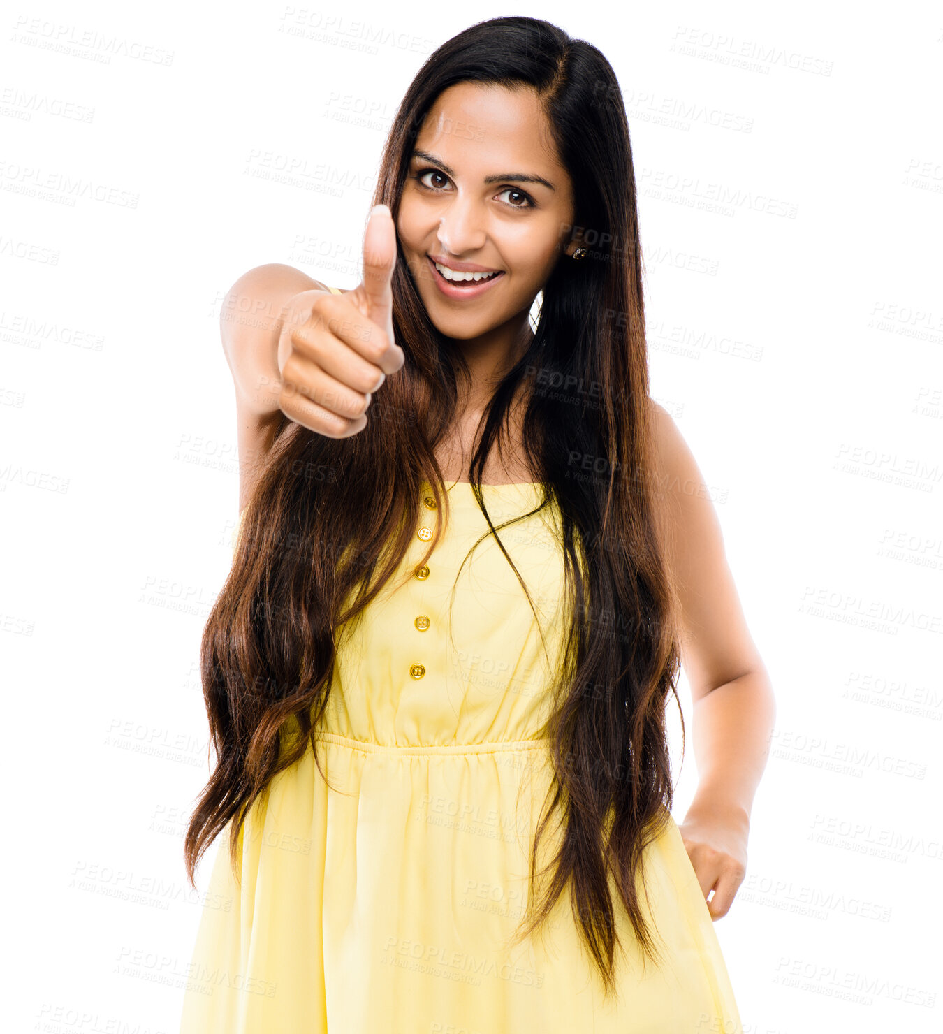 Buy stock photo Portrait, girl and thumbs up in studio for thank you, well done and good job for sales promotion or congratulations. Woman, isolated and white background with yes hand gesture for winner and success.