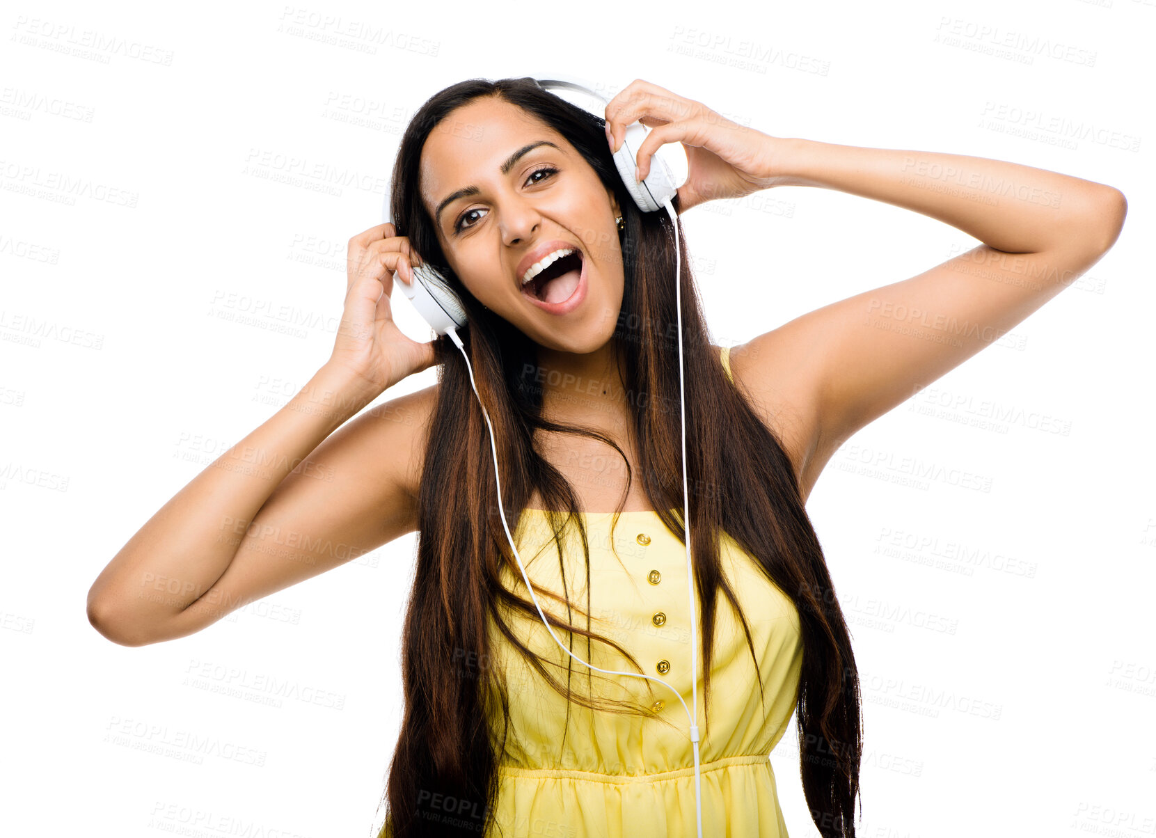 Buy stock photo Woman, headphones and singing in studio white background for music streaming or podcast subscription. Happy, female person and headsets on isolated on backdrop for online playlist or internet radio