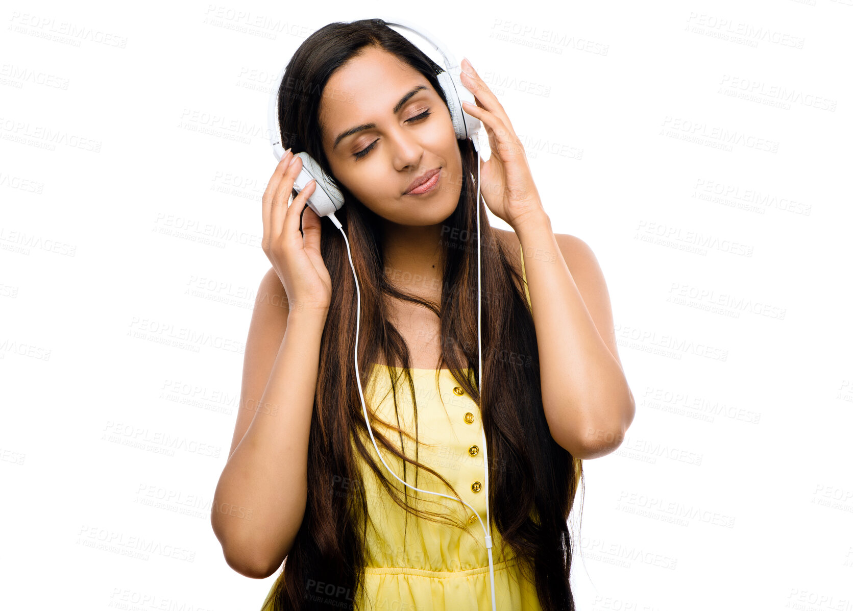 Buy stock photo Woman, headphones and relax listening to music in studio with streaming audio, podcast and calm with musician happiness. Person, rest and eyes closed to enjoy melody for melody on white background