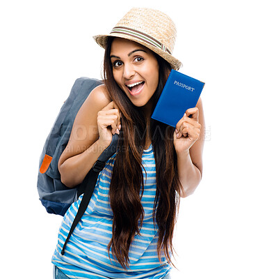 Buy stock photo Woman, passport and travel for portrait in studio with smile, excited and bag by white background. Girl, student and happy with immigration documents on journey with backpack for international flight