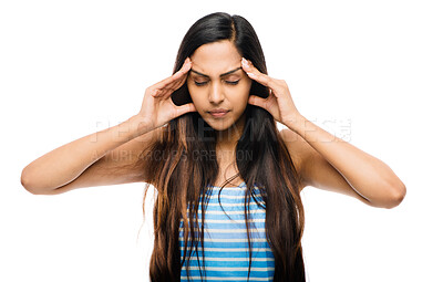 Buy stock photo Collage student, headache and stress in studio with pain, fatigue and anxiety for scholarship or university. Gen z, woman and mental health or fear by white background for failure and school work