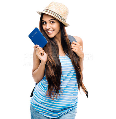 Buy stock photo Woman, passport and happy for portrait in studio with smile, excited and bag by white background. Girl, student and travel with immigration documents on journey with backpack for international flight