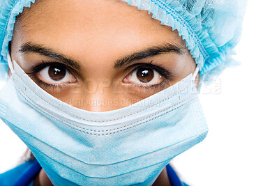 Buy stock photo Ppe, woman or surgeon in portrait with mask in studio white background for bacteria or protection. Hygiene, female person or healthcare worker isolated on backdrop with scrubs, face or medical safety