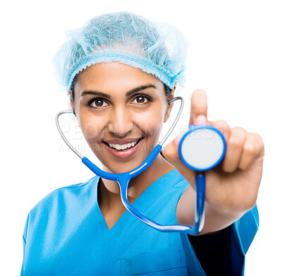 Buy stock photo Indian woman, hand and stethoscope for cardiology or healthcare, check up and consult on studio background. Portrait, smile and professional with doctor and heart surgeon, medicine and female person