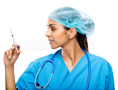 Buy stock photo Shot of a young female doctor ready to give an injection against a studio background