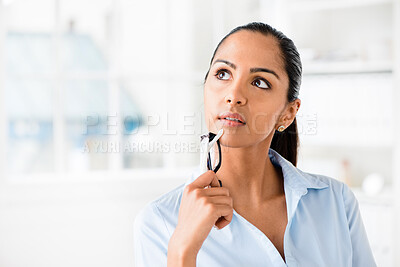 Buy stock photo Businesswoman, thinking and employee in office for ideas, glasses and contemplating solution. Female person, ponder and employee for problem solving in workplace, brainstorming and planning vision