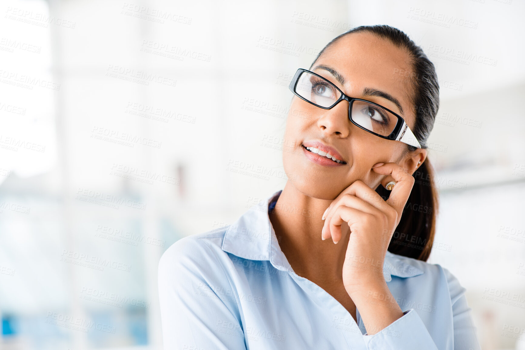 Buy stock photo Businesswoman, thinking and idea in studio for vision, wonder and daydreaming in office for corporate worker. Entrepreneur, remember and opportunity for female person, decision and glasses for lawyer