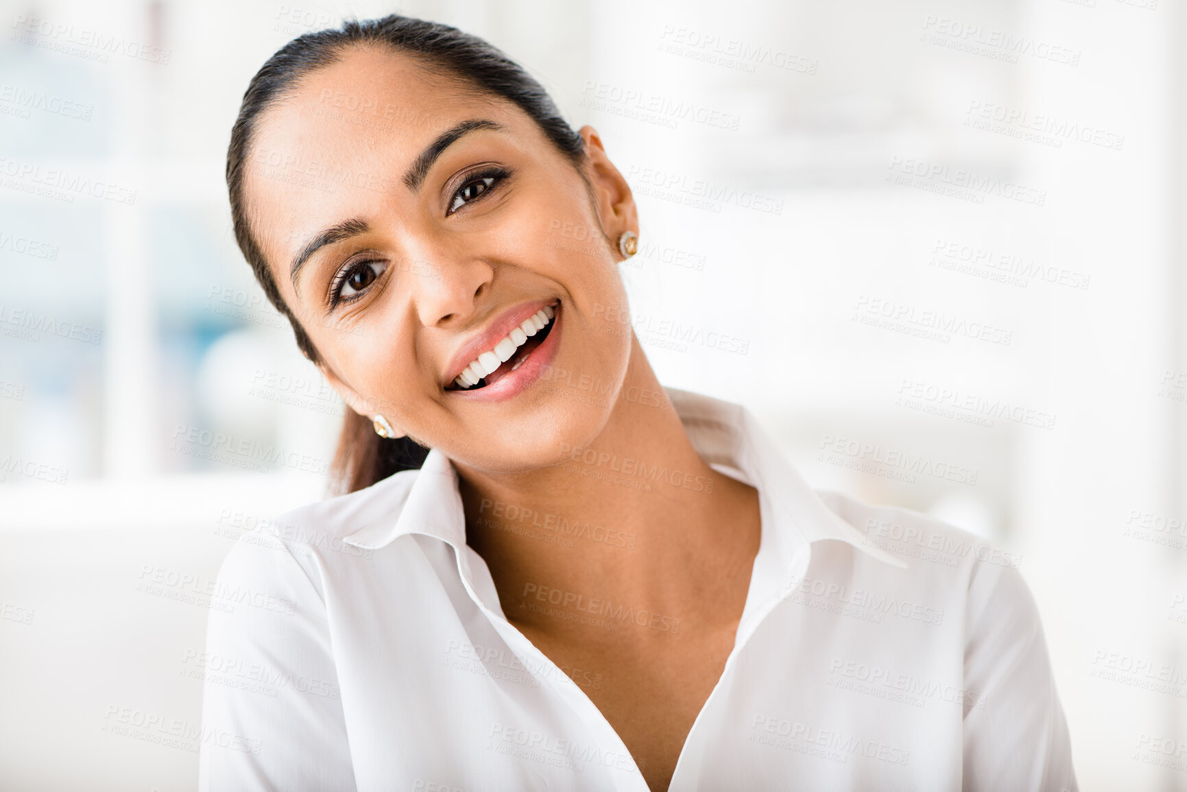 Buy stock photo Happy, portrait and businesswoman in workplace with pride and confidence for internship in agency. Smile, copywriter and employee in office for startup company and website creation in New York