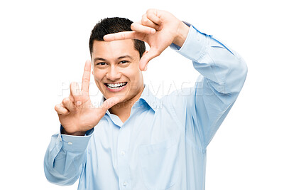 Buy stock photo Frame, hands or portrait of happy businessman in studio on white background with confidence or smile. Finger border,  selfie and face with hand sign for profile picture, photography and perspective