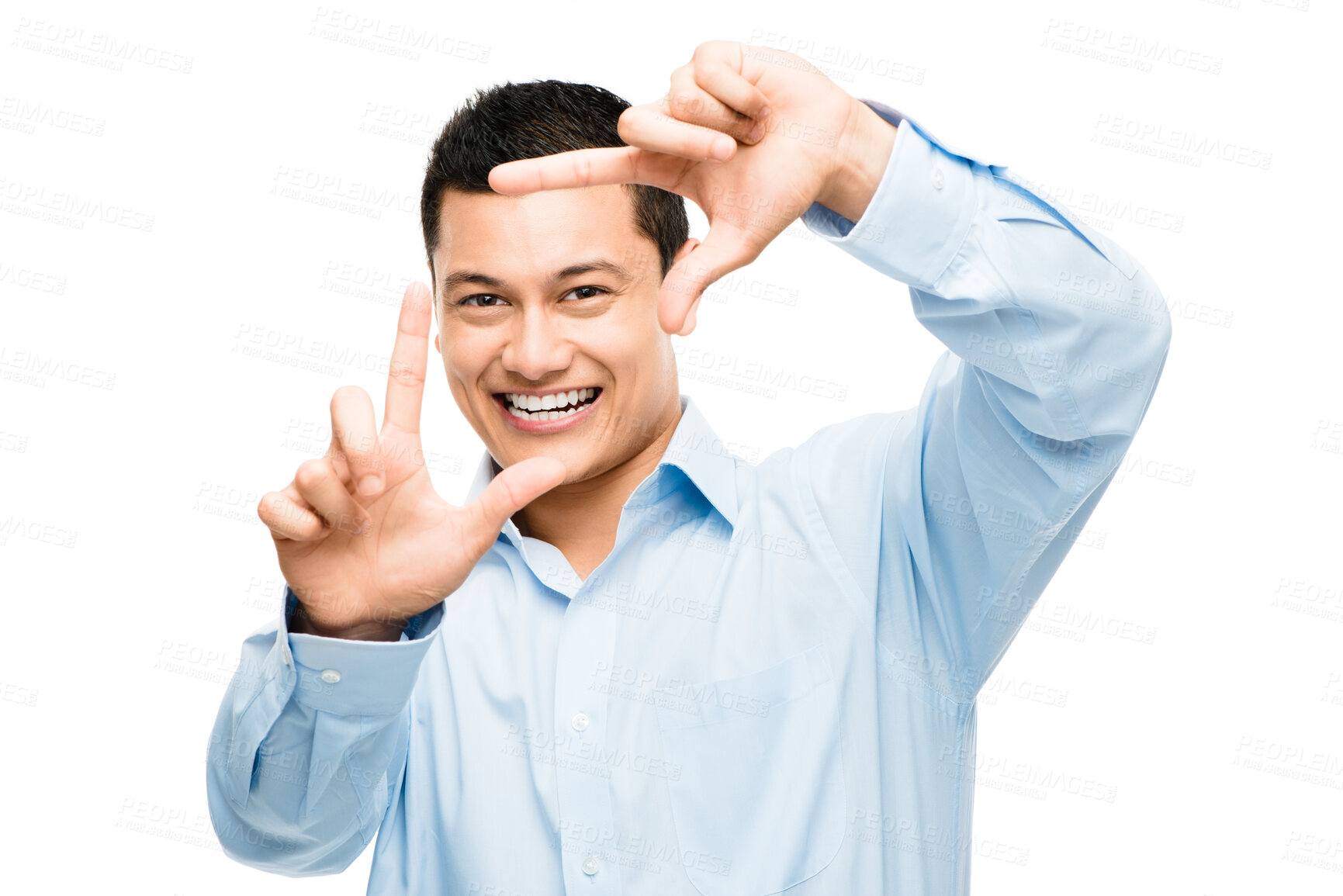 Buy stock photo Frame, hands or portrait of happy businessman in studio on white background with confidence or smile. Finger border,  selfie and face with hand sign for profile picture, photography and perspective