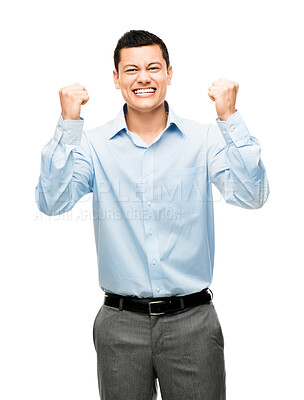 Buy stock photo Portrait, winner and excited businessman in studio with fist pump on white background to celebrate opportunity. Bonus target, yes and happy sales person with goals, promotion success and job news