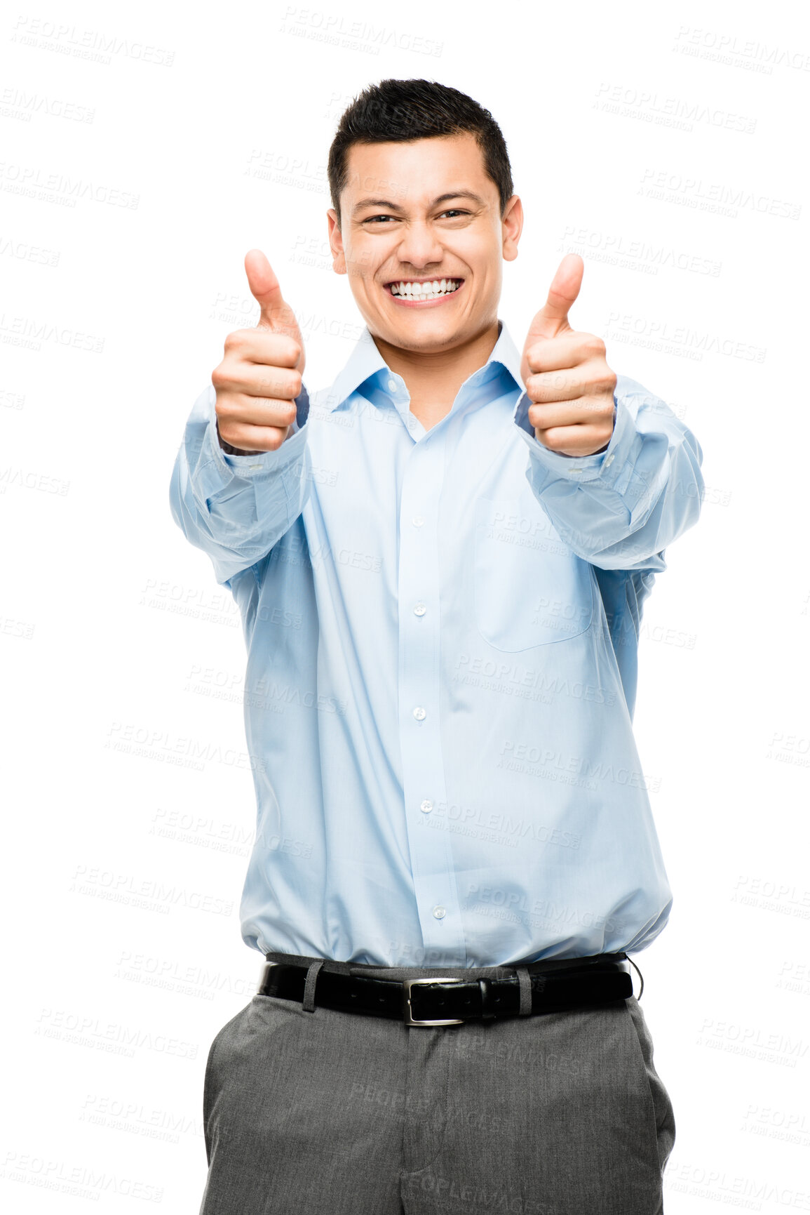 Buy stock photo Portrait, studio or businessman with smile or thumbs up sign on white background for motivation. Okay, review or excited salesperson with feedback or positive hands gesture for approval or agreement