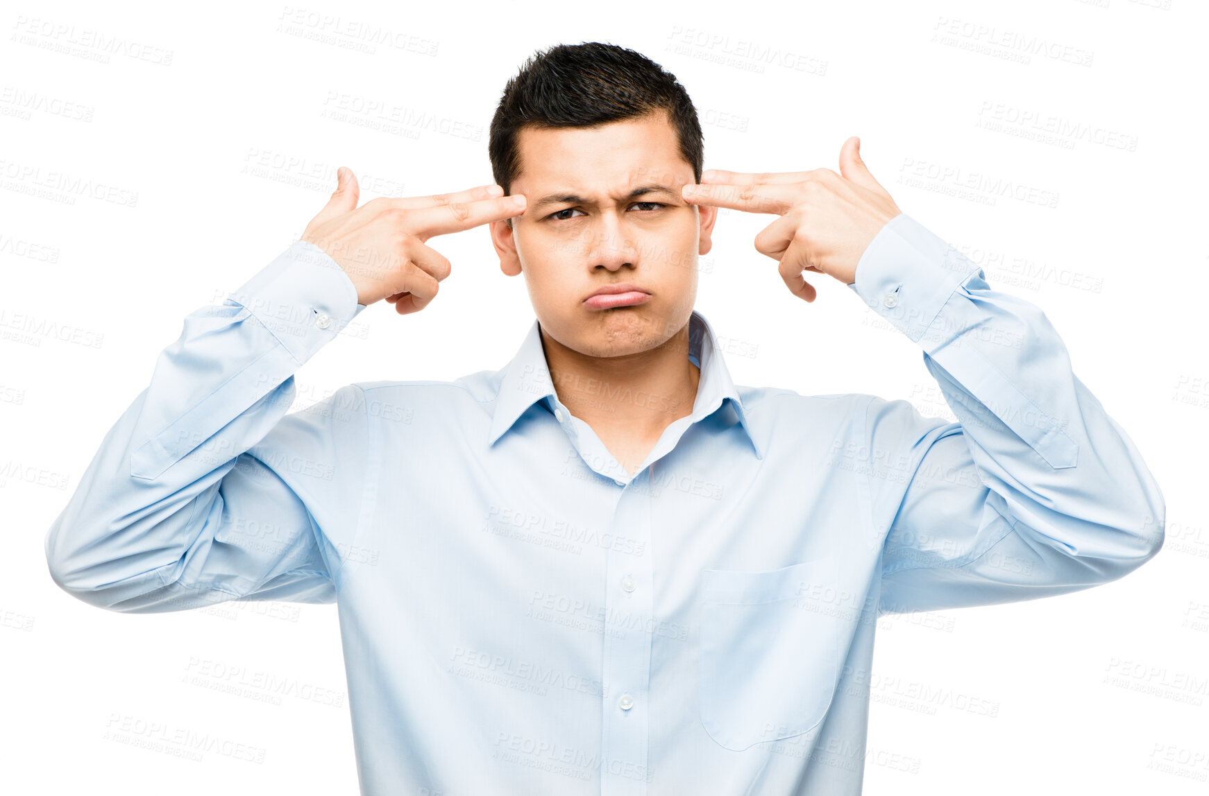 Buy stock photo Anxiety, businessman and gun gesture with hand in studio for depression, frustrated or deadline on white background. Stress, burnout and person with weapon emoji for crisis, mental health or fail