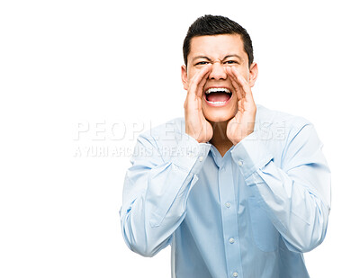 Buy stock photo Shouting, hands and portrait of businessman in studio for announcement, warning or danger on white background. Screaming, noise and male person with gesture for yelling, bad situation or mockup