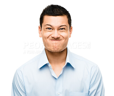 Buy stock photo Business man, portrait and funny face in studio, employee and silly worker on white background. Male person, comic and goofy professional on backdrop, comedy and humor or entertainment for fun