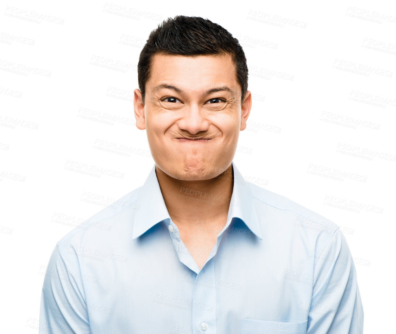 Buy stock photo Business man, portrait and funny face in studio, employee and silly worker on white background. Male person, comic and goofy professional on backdrop, comedy and humor or entertainment for fun