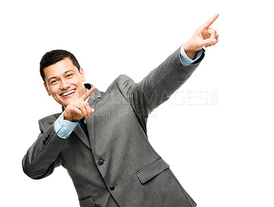 Buy stock photo Launch, pointing or portrait of businessman in studio on white background for promotion notification. Smile, coming soon or confident sales person showing deal offer, announcement and investment news