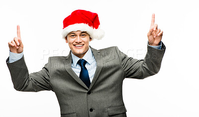 Buy stock photo Business man, portrait and celebration for Christmas in studio in office for vacation or holiday with smile. Consultant, happy and success or achievement with promotion, bonus and corporate party