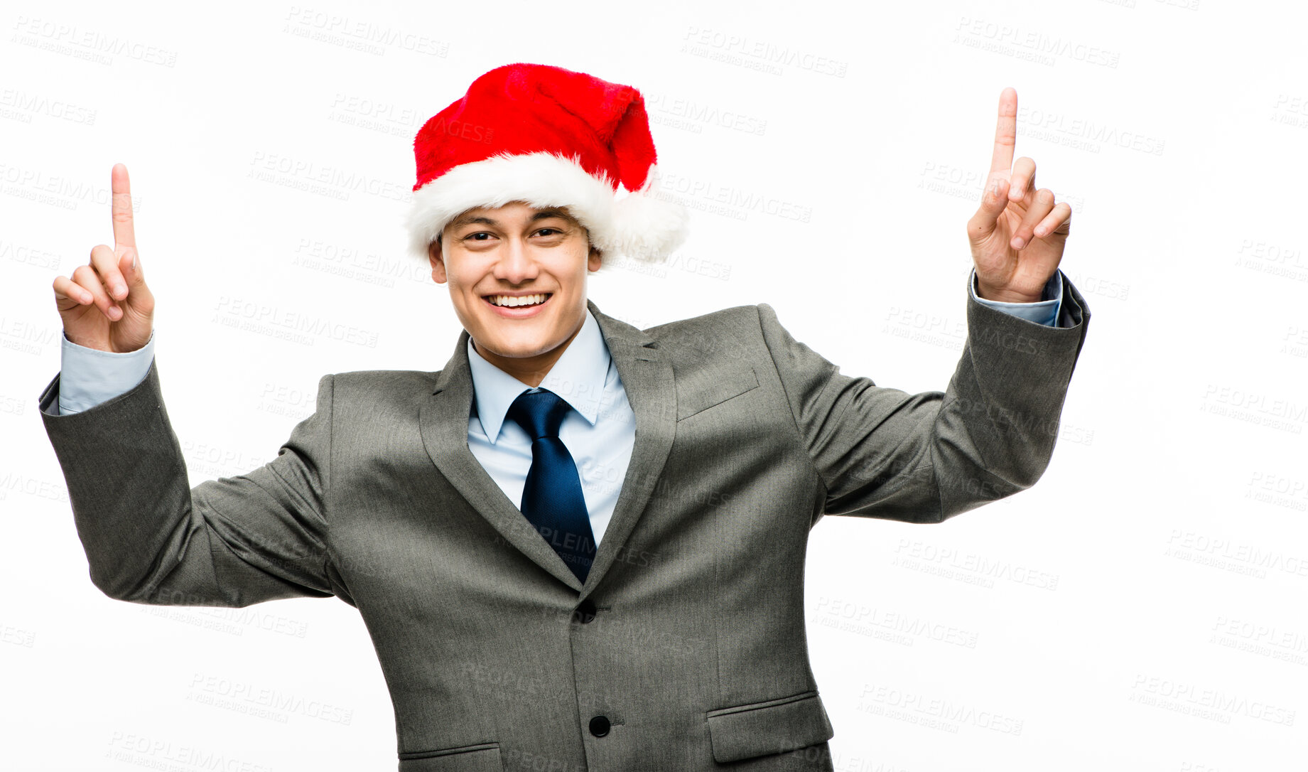 Buy stock photo Business man, portrait and celebration for Christmas in studio in office for vacation or holiday with smile. Consultant, happy and success or achievement with promotion, bonus and corporate party