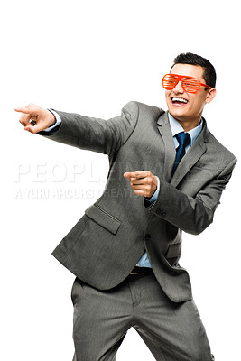 Buy stock photo Studio, pointing and businessman with sunglasses, suit and announcement for promotion and smile with hand. White background, advertising and person with eyewear, fashion and happy with mockup