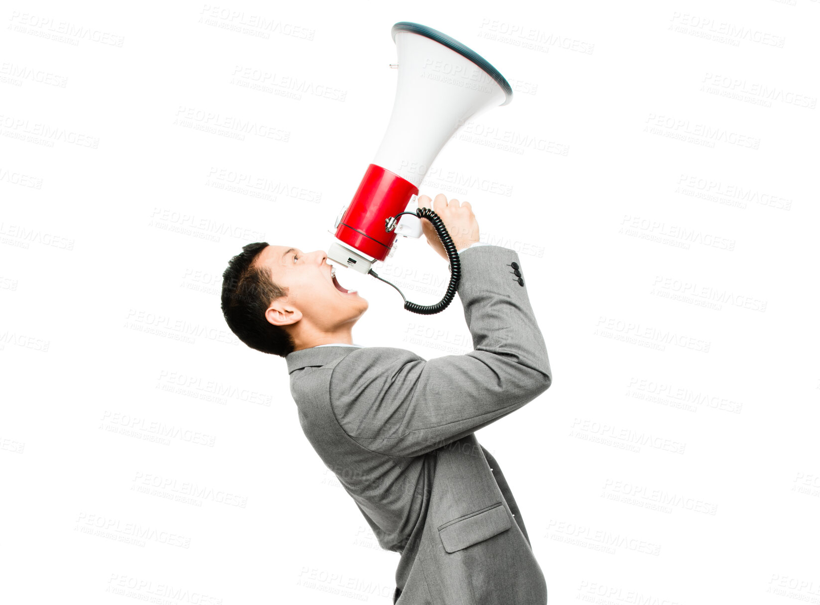 Buy stock photo Business, man and shouting with megaphone in studio for communication, announcement and attention. Campaign, politics and person with broadcast for elections, news and information on white background