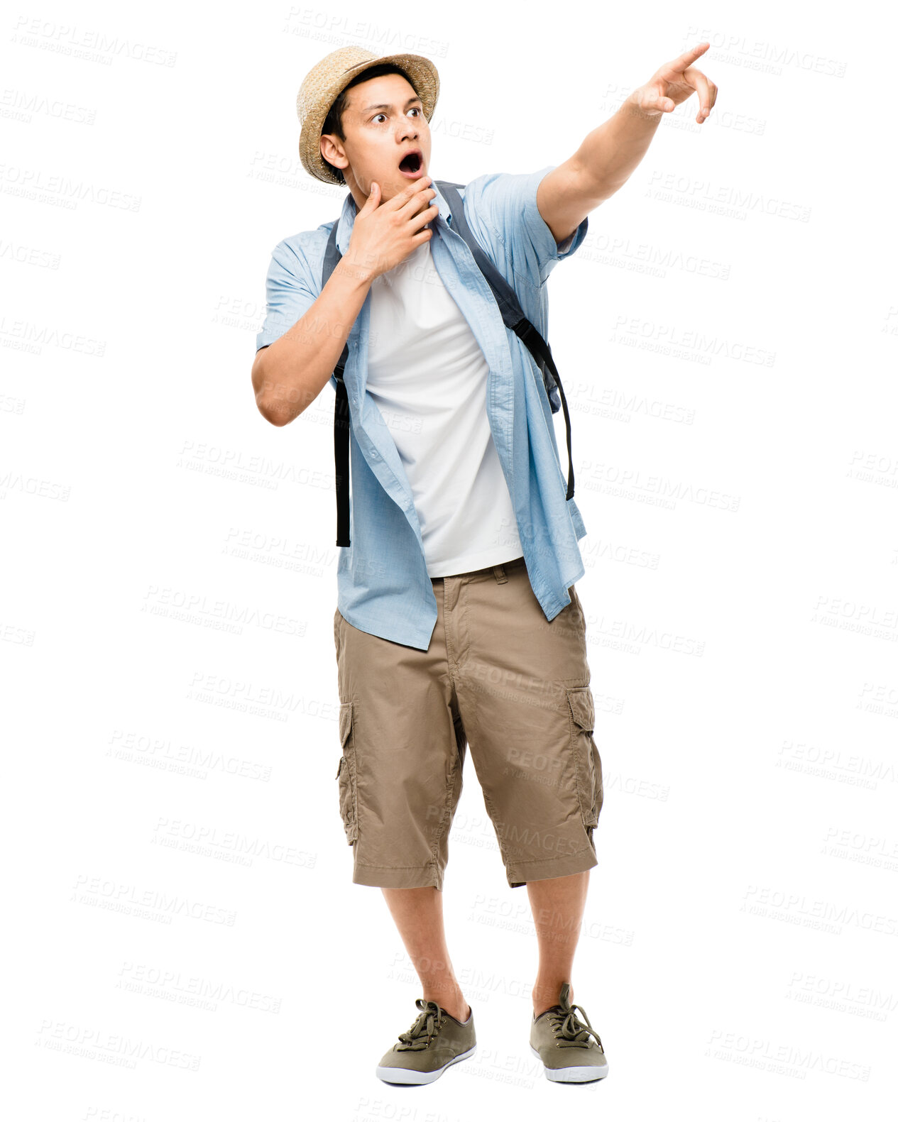 Buy stock photo Studio, shock and Asian man with hat, pointing and backpack for travel, vacation and holiday in summer. White background, mockup and person with surprise, hand gesture and wow for trip in Tokyo