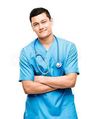 Buy stock photo Portrait, nurse and confident man with arms crossed in studio isolated on a white background. Face, medical professional worker and Asian surgeon, doctor or physician ready for healthcare in Japan.