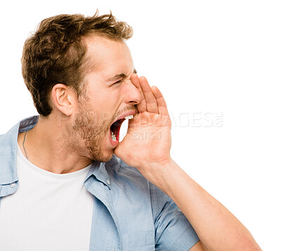 Buy stock photo Man, frustrated and shouting from stress in studio for anxiety, mistake and psychology trauma crisis. Male person, screaming and panic attack from disaster, fail and fear on white background