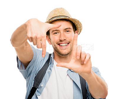 Buy stock photo Frame, hands and portrait of man in studio for travel, photography and backpack for vacation. Happy, male person and smile with gesture for holiday selfie, confidence and trip on white background