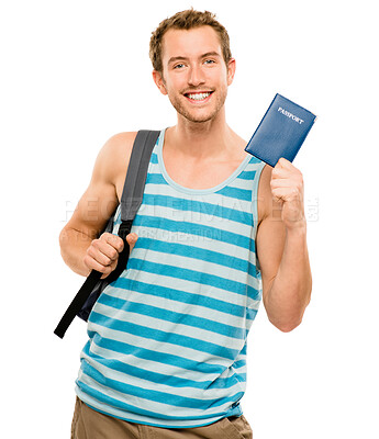 Buy stock photo Man, tourist and happy with passport in studio on white background for traveling and tour. Portrait, confident and smile as traveler for holiday or vacation with backpack, adventure and explore