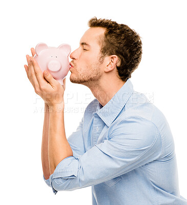 Buy stock photo Man, saving and kiss piggy bank in studio, profile and happy for investment by white background. Person, animal container and money with wealth planning, increase and profit with success in economy